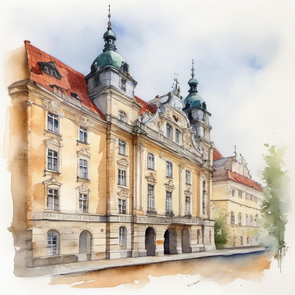 Budova býv. II. české státní reálky, dnes gymnázium – akvarel
