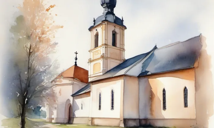 Evangelický kostel (Bystřice) – akvarel