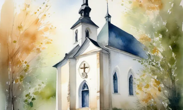 evangelický kostel v České Kamenici – akvarel