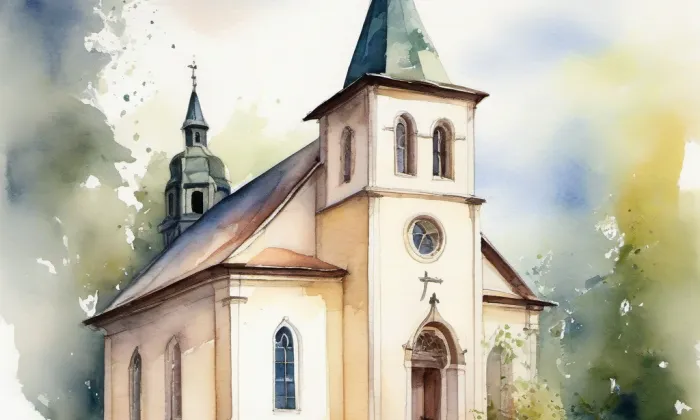 evangelický kostel v Hrabové – akvarel