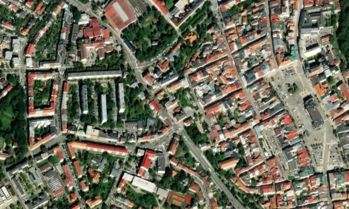 evangelický kostel v Jihlavě – letecký pohled