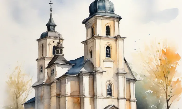 evangelický kostel v Mělnickém Vtelně – akvarel