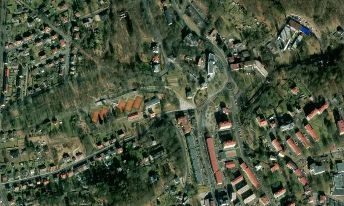 Kamenný hřbitovní most – letecký pohled