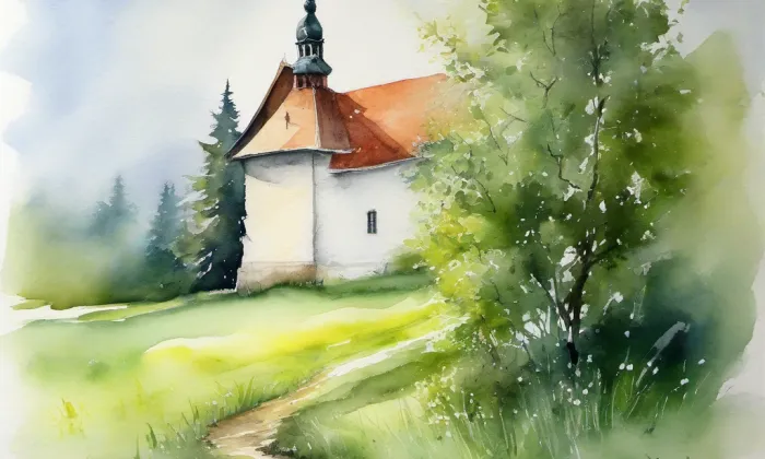kostel Nanebevzetí Panny Marie (Předklášteří) – akvarel
