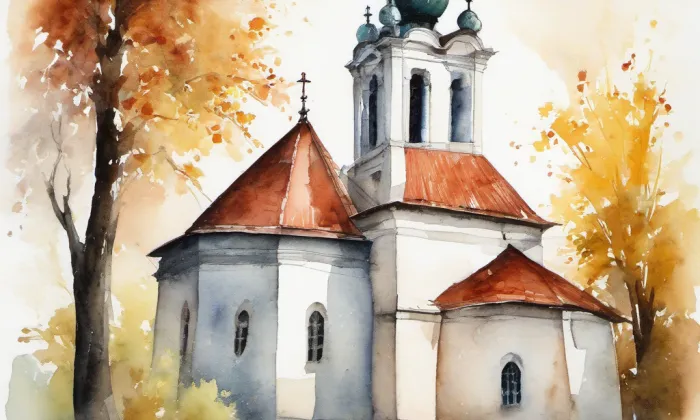 kostel Narození Panny Marie (Neslovice) – akvarel