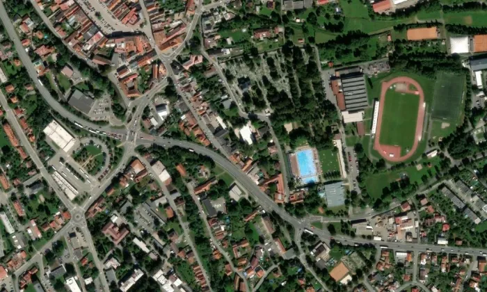 Nový kostel Církve bratrské – letecký pohled