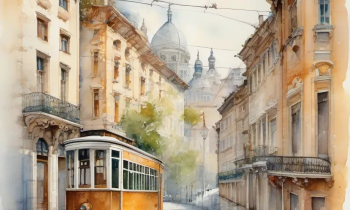 Primátorská tramvaj – akvarel