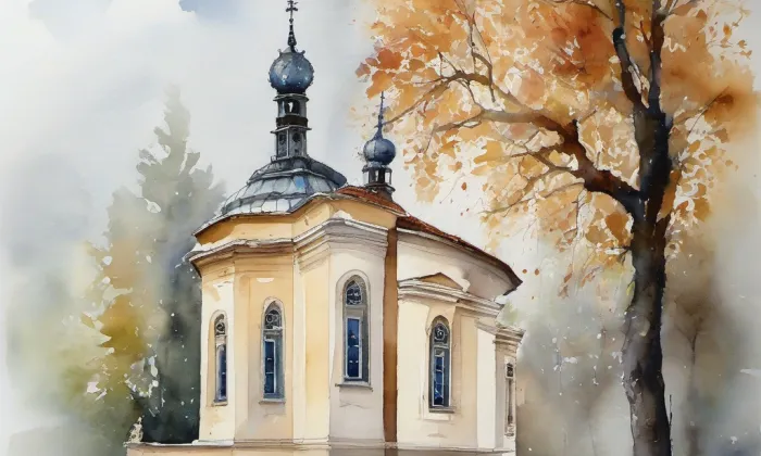 Kostel Všech svatých (Vyšehorky) – akvarel